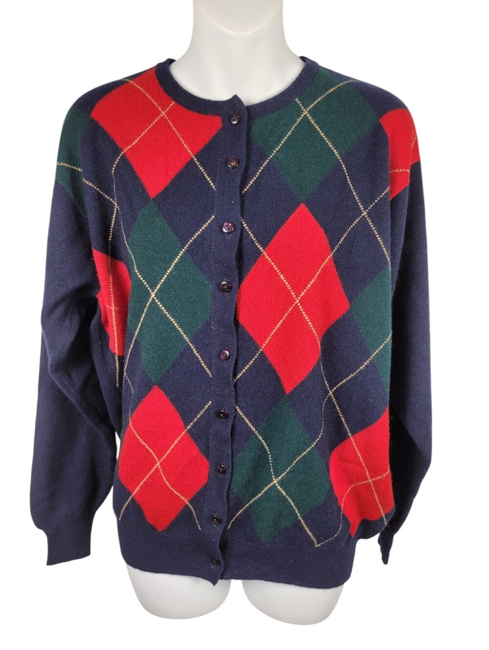 Vintage 90s 100% Pure Wool Navy Blue Button Down Cardigan Sweater Size: Large